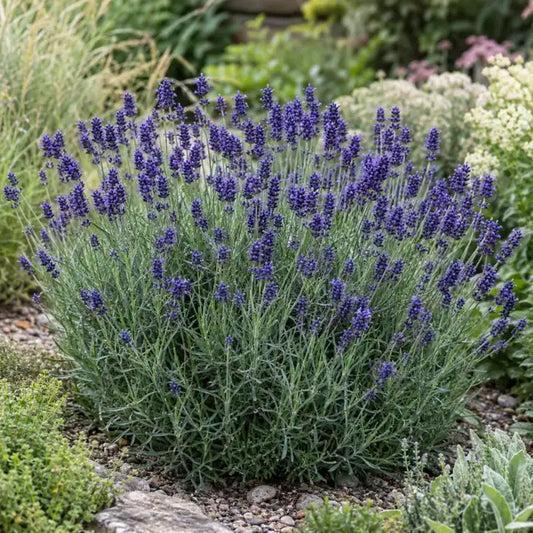 English Lavender Selection Â· Hidcote Blue â€” AI reference illustration; actual stock varies